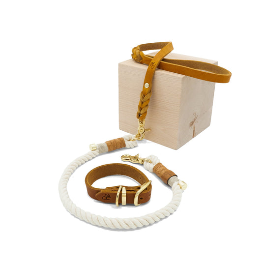 Mix & Match Set | Handschlaufe + Halsband Fettleder & Unterteil Baumwollseil | BOHO CHIC - RudisRudel