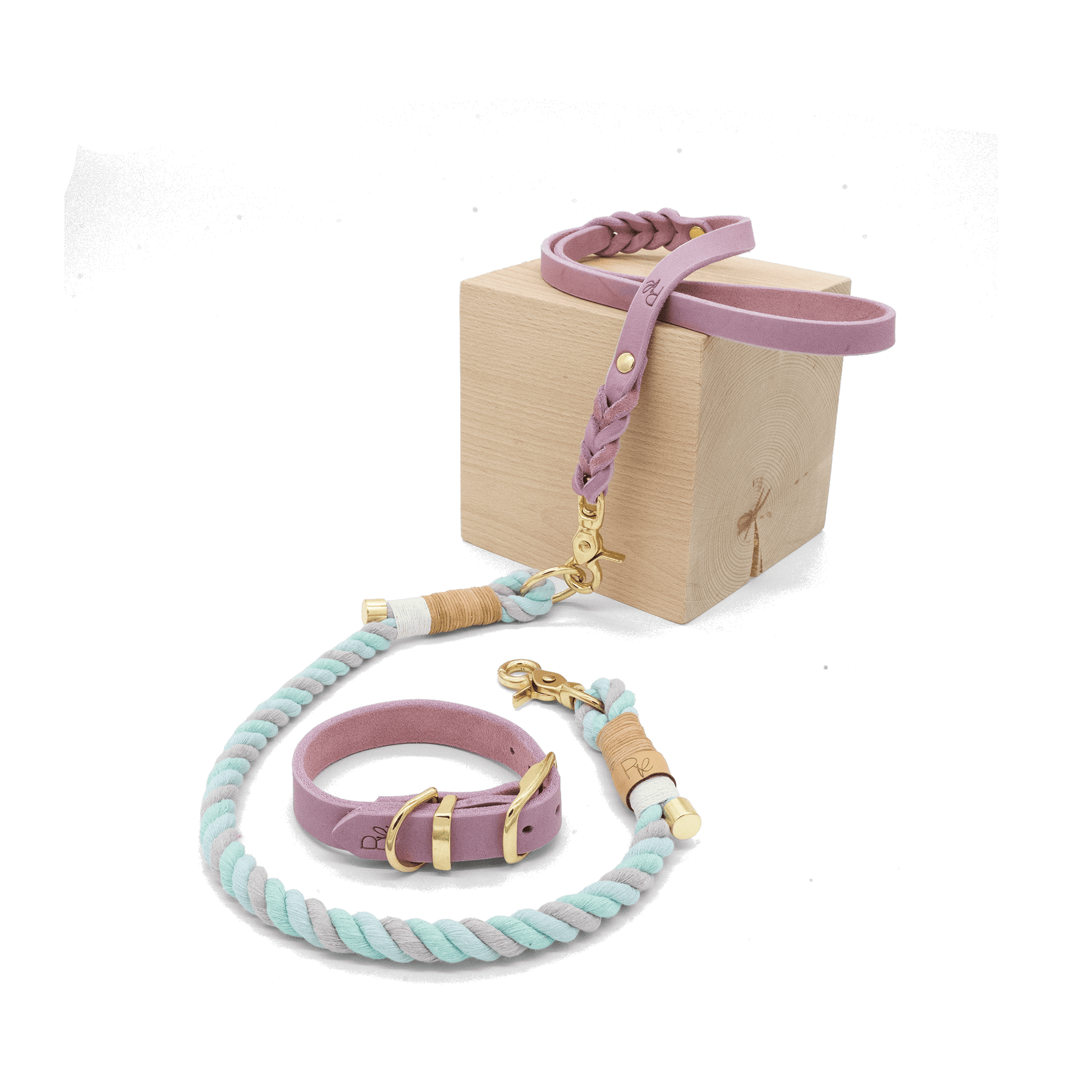 Mix & Match Set | Handschlaufe + Halsband Fettleder & Unterteil Baumwollseil | PASTEL DREAMS - RudisRudel