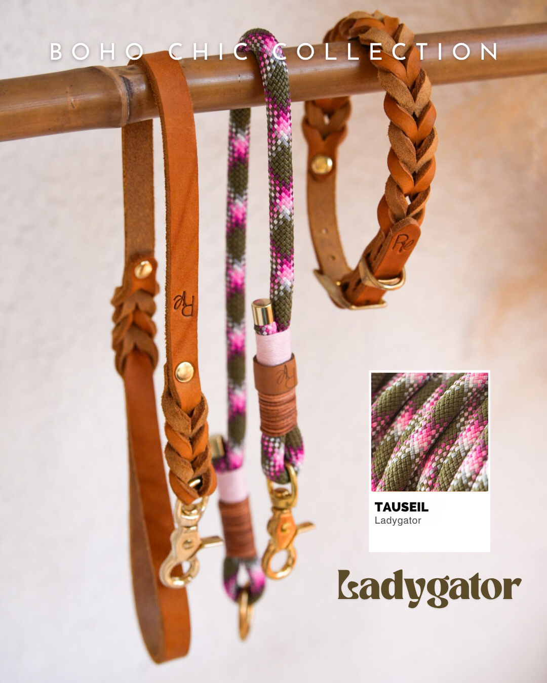 Mix & Match Set | Hand Strap + Collar Waxed Leather & Rope Leash Bottom Part | BOHO CHIC