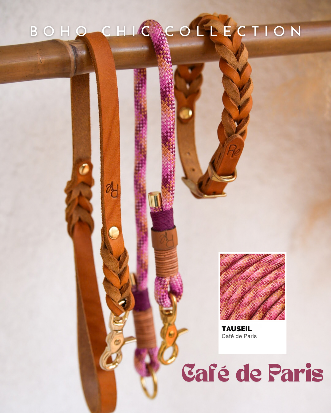 Mix & Match Set | Hand Strap + Collar Waxed Leather & Rope Leash Bottom Part | BOHO CHIC