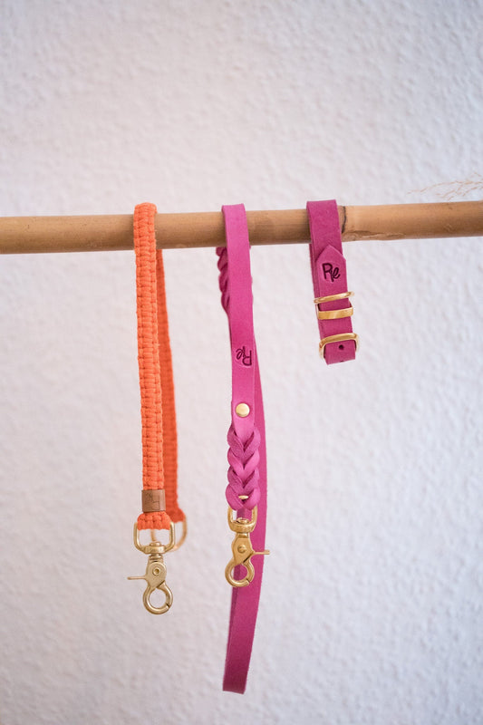 Mix & Match Set | Handschlaufe + Halsband Fettleder & Unterteil Makramee | COLOUR CLASH - RudisRudel